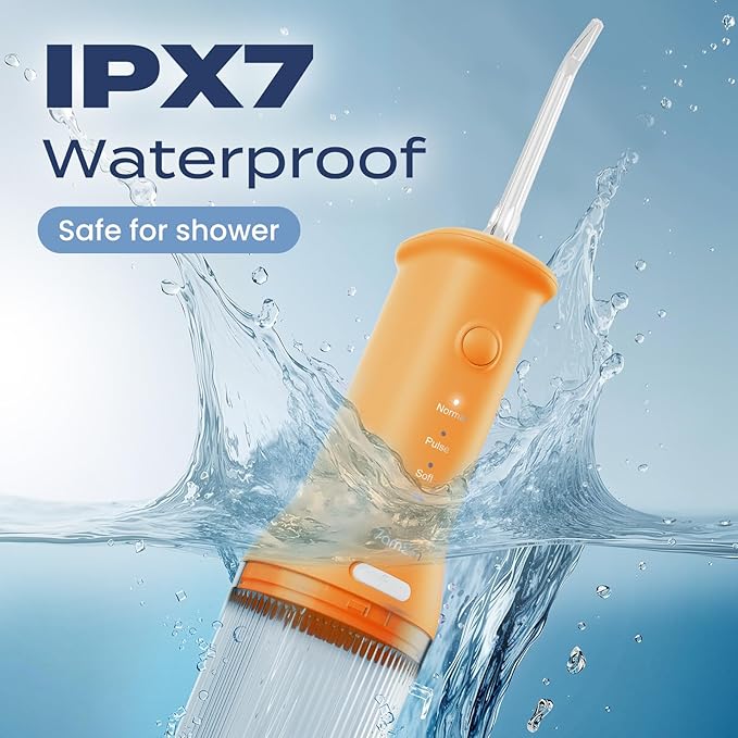 7AM2M Portable Cordless Water Flosser, Oral Irrigator with 3 Modes & 2 Tips, Fast Rechargeable, IPX7 Waterproof, Dental Water Flosser for Travel and Home Use (Orange)
