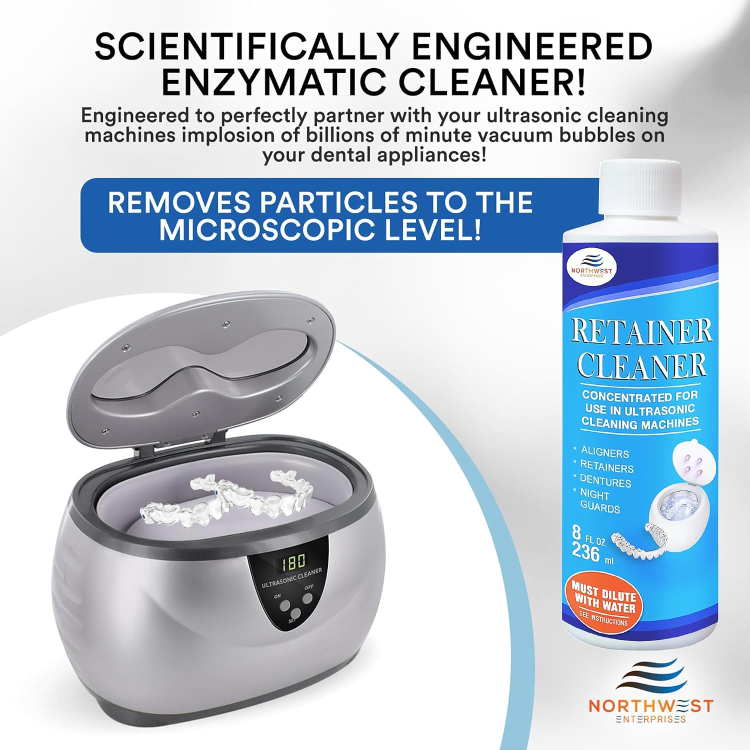 Northwest Dry Blanks Retainer Cleaner advertisement showing a blue and white bottle next to a silver ultrasonic cleaner with trays inside, with promotional text on a white and light gray background.