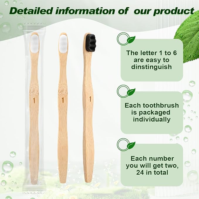 Sieral 24 Pcs Toothbrushes Extra Soft Bristles Wooden Bamboo Toothbrush 20000 Soft Natural Bristle Toothbrush for Kids Adults Home Travel Individually Wrapped (Wave Handle)