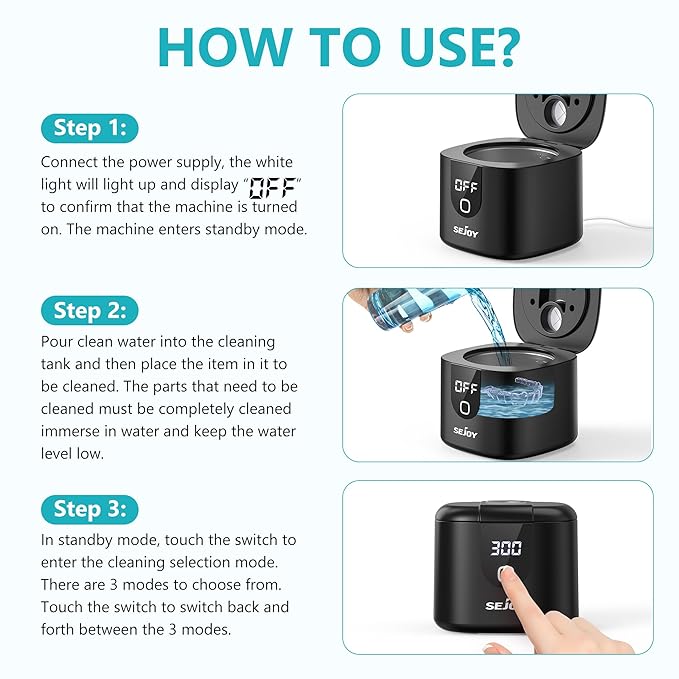 Sejoy 45kHz Ultrasonic Retainer Cleaner, Double Denture Cleaning Machine with Digital Timer, Cleaner for Braces, Mouth Guards, Rings, Toothbrush