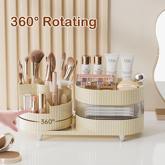 Makeup Organizer Countertop 360°Rotating Makeup Organizer for Vanity - Cosmetic Storage Holder with Makeup Brush Holder and Jewelry Storage (3 Tiers, Cream)