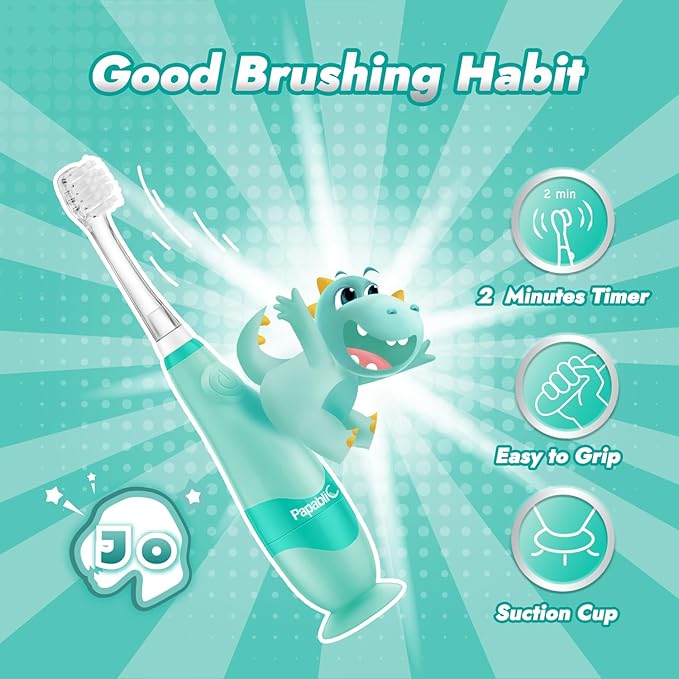 Papablic Toddler Sonic Electric Toothbrush Kids for Ages 1-3 Years, Baby Electric Toothbrush with Cute Dino Cover and Smart LED Timer, 2 Brush Heads (Jo)