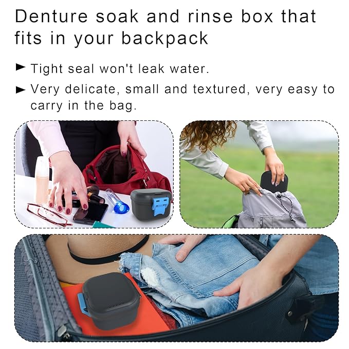 BVN Leakproof Denture Cup, Upgraded Carrying Storage, Denture Bath Box with Filter, Denture Cup for Soaking Dentures, Travel Retainer Cleaning Case (Black+Blue).