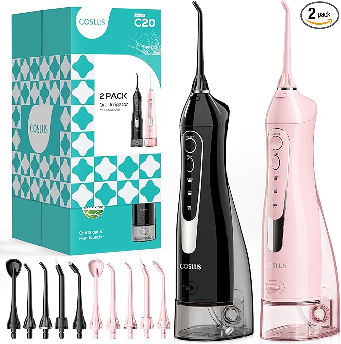 COSLUS 2 Pack Cordless Water Flosser with Elegant Packaging for Teeth, Braces, Gums Care - Easy to Use, Rechargeable, Waterproof, Portable for Travel, BPA-Free, Black & Pink, C20(F5020E)