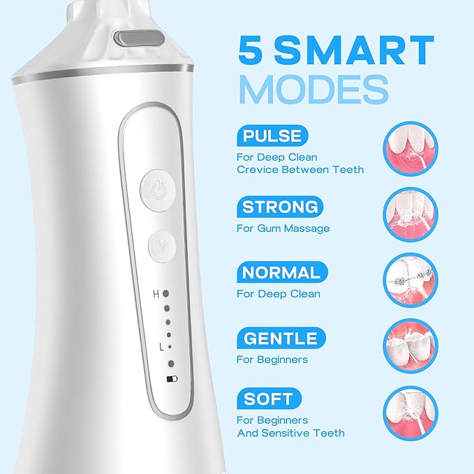 Water Dental Flosser Cordless, Portable Oral Irrigator with 5 Modes, 300ML Tank, Rechargeable, IPX7 Waterproof, Travel & Home Teeth Cleaner for Braces and Gums
