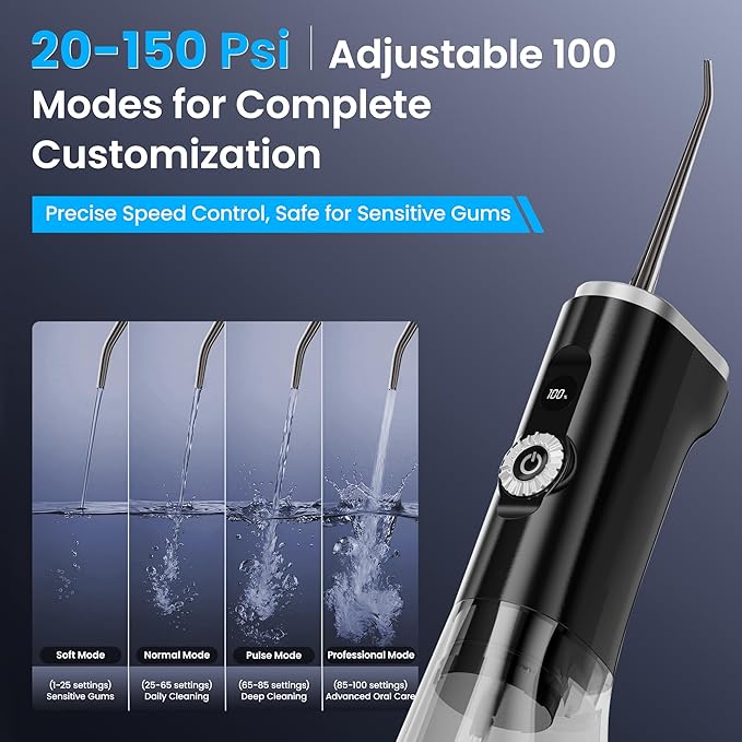 Water Flosser Cordless, 100-Modes Portable Dental Floss Water Picks, 150-Psi High Pressure for Teeth Cleaning and Flossing, 300ML & IPX7 Electric Floss for Braces Kids Travel Home Black