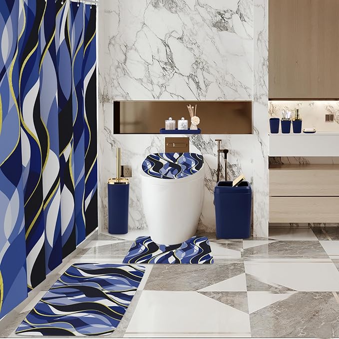 Bathroom Set - Blue and Gold Bathroom Accessories, Bathroom Sets with Shower Curtain and Rugs, Navy Blue Shower Curtain Set with Bathroom Trash Can, Soap Dispenser, Soap Dish for Home Decor
