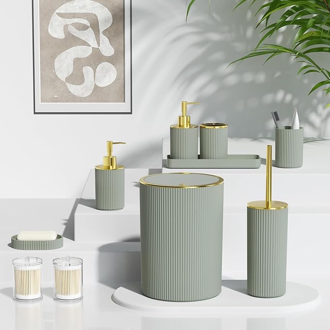 Sage Green Bathroom Accessories Set, 10PC Bathroom Set, Bath Accessory with Pop Up Trash Can, Soap Dispenser, Toilet Brush, Toothbrush Set Qtip Holders & Tray