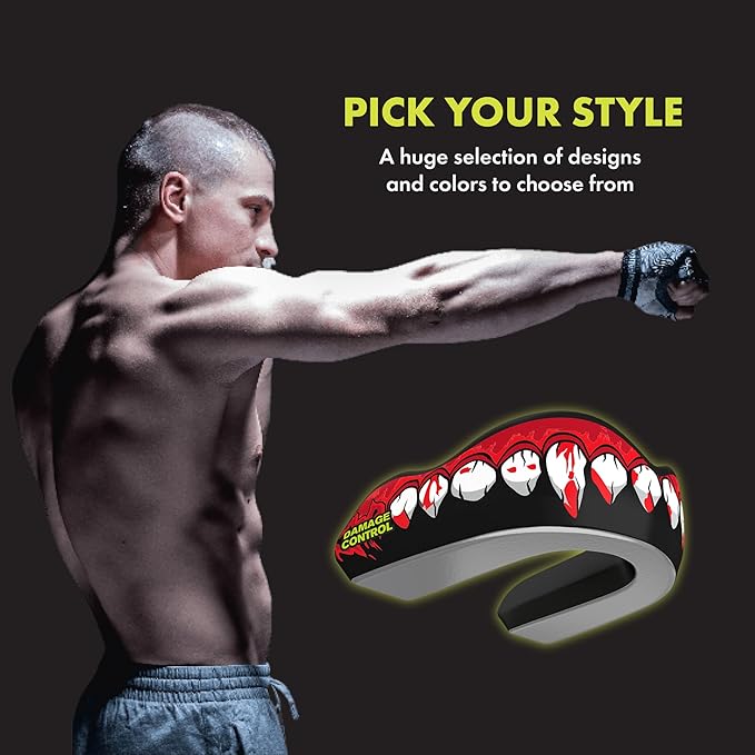 DAMAGE CONTROL Extreme Impact Mouth Guard – Sports Mouthguard for Boxing, MMA, BJJ, Hockey, Rugby, Lacrosse, & More – Mouthpiece for Teeth & Jaw Protection, for Youth & Adults (Adult, Bleeding Fangs)