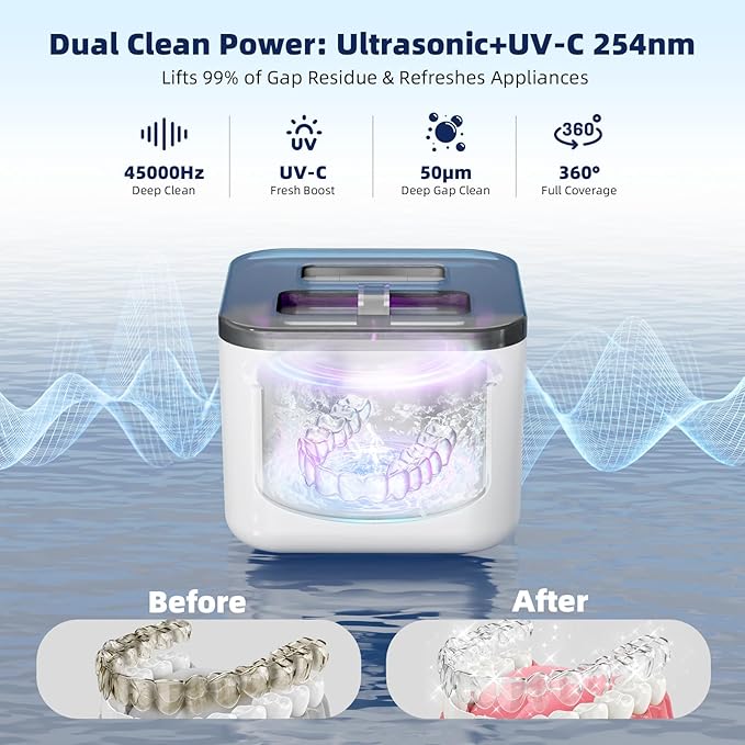 Ultrasonic Retainer Cleaner Machine, Denture Cleaner, All-in-One Dental & Jewelry Cleaner for Aligners, Night Guards, Dentures, Braces, Mouth Guards, Toothbrush Heads, 45kHz, 200ML, Dual Modes