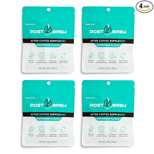 PostBrew Mints Xylitol After Coffee SuppleMINT– Sugar-Free, Aspartame-Free Mint, Neutralize pH & Odor, Support Oral Health & Freshen Breath (4 pack, 30 Count Each)