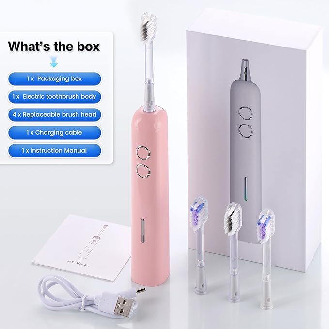 Electric Toothbrush for Adults Sonic Vibration Deep Mouth Cleaning Teeth Whitening Free 4 Toothbrush Heads Super Soft Bristles 3 Modes 90 Days Lifespan IPX7 Waterproof (Color Available)