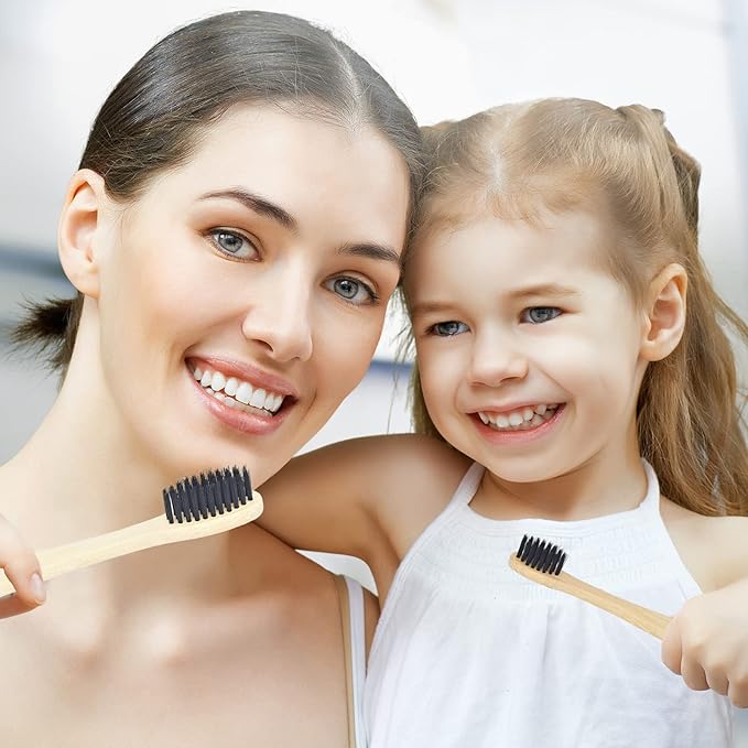 SEVENHEAD 2 PCS Bamboo Toothbrushes With Soft Bristles for Adults - Natural Biodegradable BPA Free Eco-Friendly Wooden Black Toothbrush