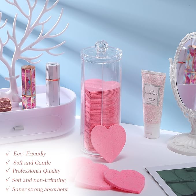 Sieral 120 Pcs Compressed Facial Sponges with Container Disposable Face Sponge Pads for Washing Face Cleansing Exfoliating Esthetician Makeup Removal(Heart,Pink)