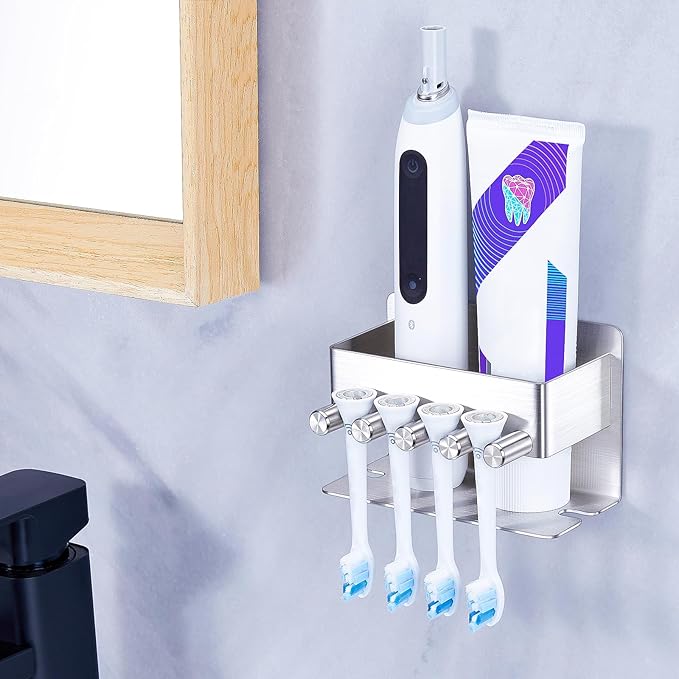 Electric Toothbrush Head Holder, Stainless Steel Tooth Brushing Holder Storage Toothpaste Razor, Wall Mounted Toothbrush Holders for Shower Bathroom, Adhesive Tooth Brush Head Holder Organiser