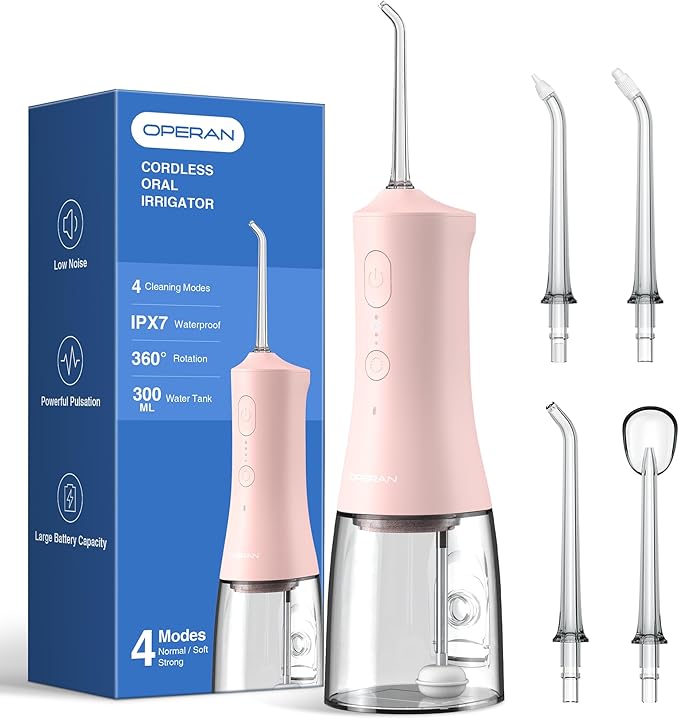 Operan Water Flosser for Teeth Cleaning Upgraded 300ml Cordless Water Dental Flossers Rechargeable Oral Irrigator with 4 Modes 4 Jet Tips IPX7 Waterproof Water Floss for Home Travel (Pink)+1Pack