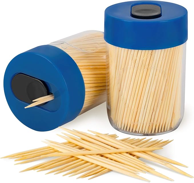 Urbanstrive Sturdy Safe Toothpick Holder with 800 Natural Wood Toothpicks for Teeth Cleaning, Unique Home Design Decoration, Unusual Gift, 2 Pack (Blue)