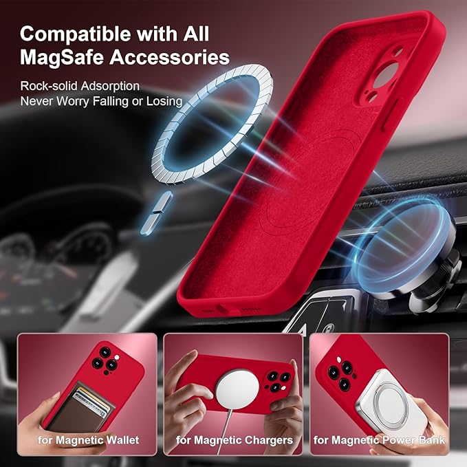 Magnetic for iPhone 15 Pro Case, Compatible with MagSafe, with 9H Nano Screen Protectors, Full Camera Protection, Silicone Shockproof Microfiber Lining Phone Case 6.1", Deep Red