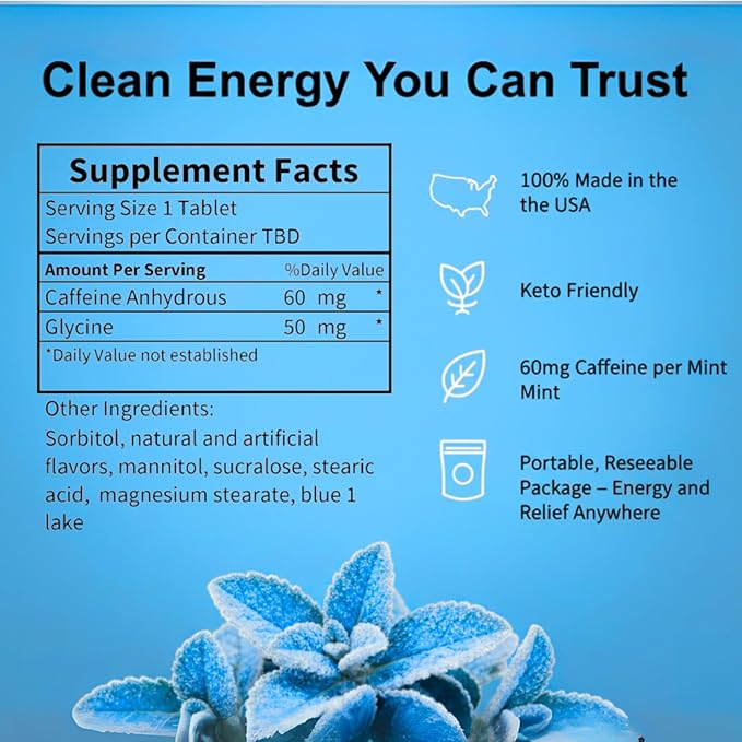 Caffeine Mints, 60milligram Caffeine, Instant Energy, Fresh Breath Caffeinated Minty Candy, 0 Sugar, Natural Wintergreen Flavor (6 Packs, 60 Mints)