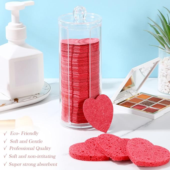 Sieral 120 Pcs Compressed Facial Sponges with Container Disposable Face Sponge Pads for Washing Face Cleansing Exfoliating Esthetician Makeup Removal(Heart,Red)