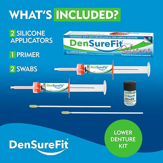 DenSureFit Lower Denture Reline Kit, Soft Silicone Denture Reliner Repair and Care Combo Kit with Extra Comfort Liner, Refit and Tighten for a Secure, Comfortable Fit