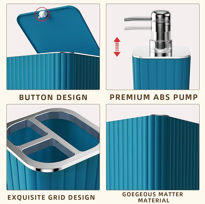 Bathroom Accessories Set - Gorgeous Bathroom Set, 10PC Teal Bathroom Accessory Set, Toilet Brush, Trash Can, Qtip Holder Dispenser & Soap Dispenser