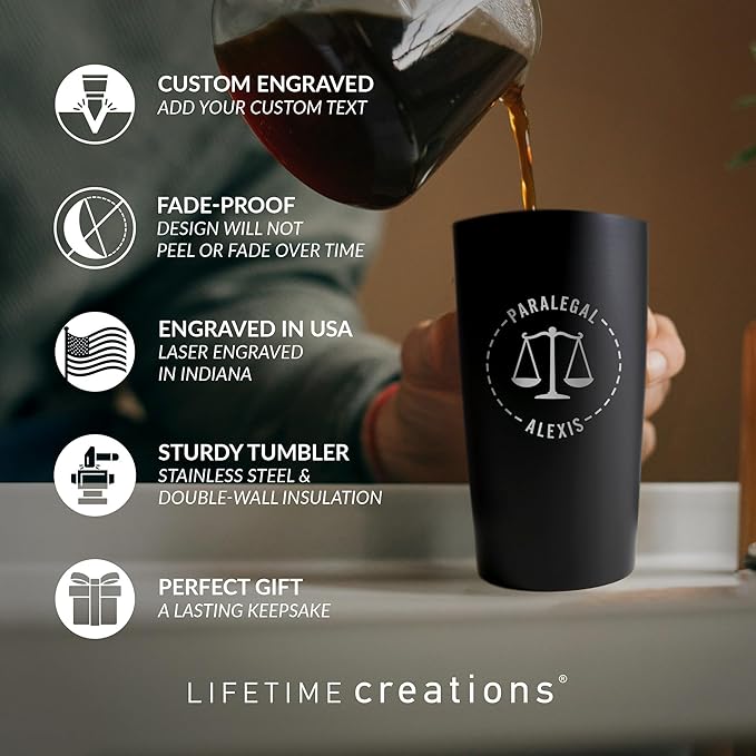 Lifetime Creations Engraved Personalized Lawyer Tumbler with Lid 20 oz (Black) - Gift for Paralegal, Attorney, Judge, Law School Graduation Coffee Travel Mug