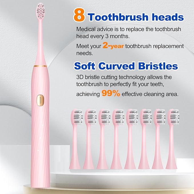 Sonic Electric Toothbrush for Adults and Kids, Rechargeable Toothbrush With 8 Brush Head, 4 Modes and 2 Minute Timer, 42000VPM Power Motor, IPX8 Waterproof, 4 Hours Fast Charge last 90 days (Pink)