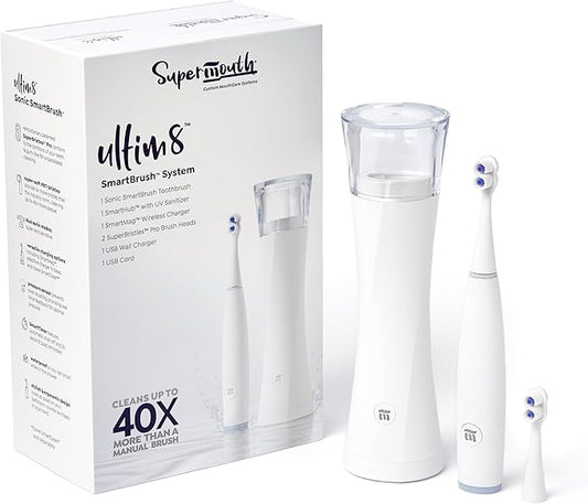 SuperMouth® ULTIM8 SmartBrush™ System - Electric Toothbrush, Patented SuperBristles® Clean 40X Better, UV Sanitizing & Drying SmartHub®, Dual Sonic Modes, Pressure Sensor - Teens & Adults