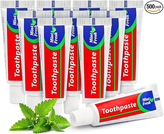 500 pcs Travel Size Toothpaste Bulk, 0.88oz/25 Grams Small 4x1.4 inches Mint Mini Disposable Toothpaste Travel Size Bulk for Hotel,Guests,Homeless,Charity