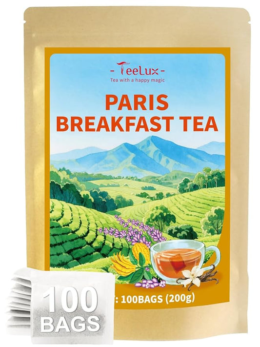 TeeLux Paris Breakfast Tea Bags, Blend Black Tea with Natural Vanilla & Bergamot Flavor, Robust & Smooth Taste, 100 Count