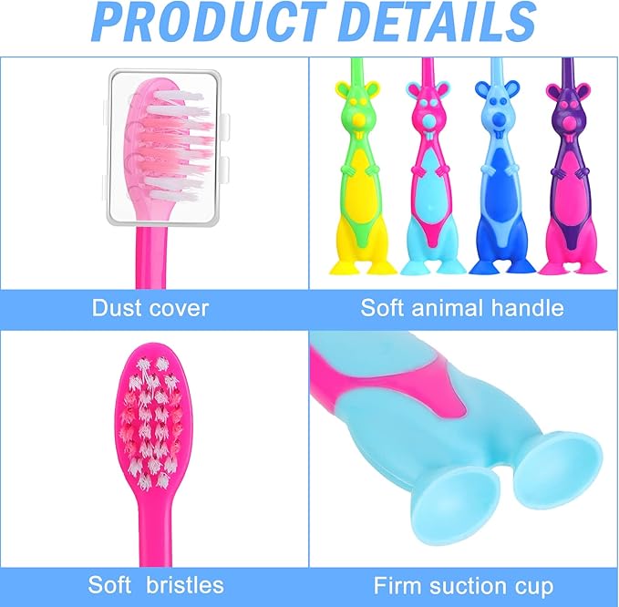 Gerrii Kids Toothbrushes Bulk Soft Lovely Little Kangaroo with Covers Suction Cup Individually Wrapped for Children Toddler Home School Camp Daycare Travel (150 Pcs)