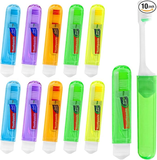 Travel Toothbrush, Toothbrush and Toothpaste Travel Set, Individually Packaged, Includes Storage Case, Foldable Design, 5 Colors, Ideal for Business Trips, and Hotels (10-Pack)
