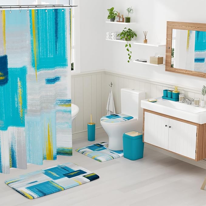 Bathroom Set - Teal Blue Bathroom Accessories Set, Bathroom Sets with Shower Curtain and Rugs, Teal Blue Shower Curtain Set with Bathroom Trash Can, Soap Dispenser, Soap Dish for Home Decor