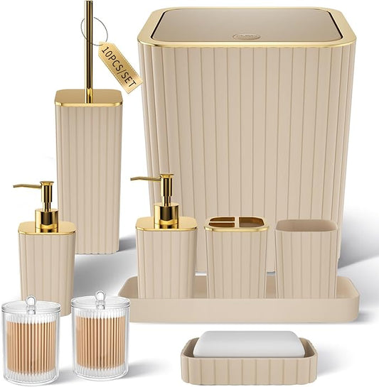 Bathroom Accessories Set - Gorgeous Bathroom Set, 10PC Beige Bathroom Accessory Set, Toilet Brush, Trash Can & Soap Dispenser