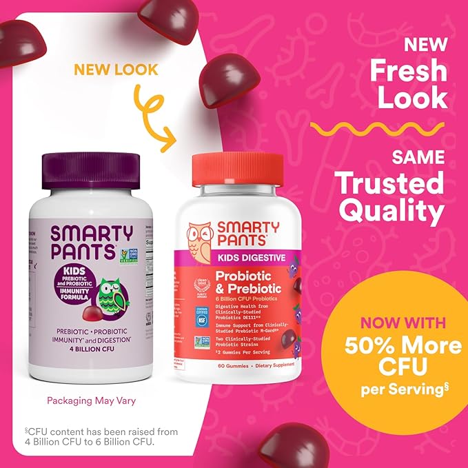 SmartyPants Kids Probiotic & Prebiotic Gummies for Digestive Health: Gut Health Supplement, Clinically Studied Prebiotic for Immune Support, Grape, 60 Count (30 Day Supply)