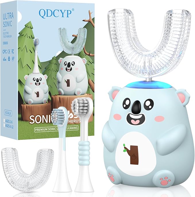 Kids U Shaped Electric Toothbrush, Automatic 360° Sonic Cleaning, 6 Modes, 4 Brush Heads, Cute Cartoon Koala Design (6-12 Age (Grey Blue))
