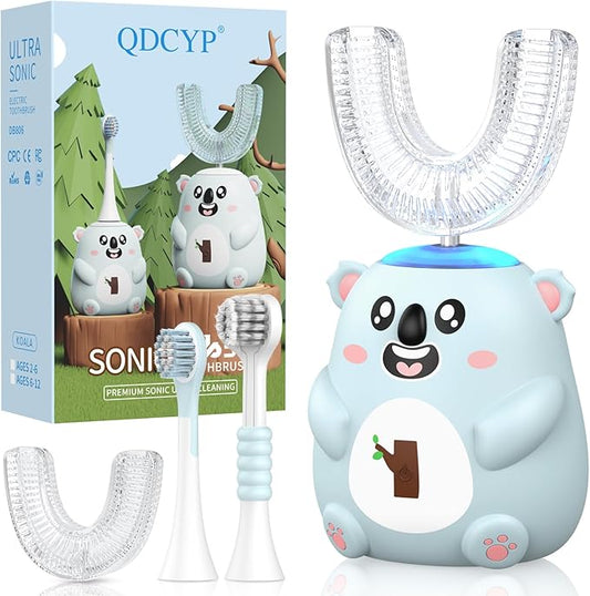 Kids U Shaped Electric Toothbrush, Automatic 360° Sonic Cleaning, 6 Modes, 4 Brush Heads, Cute Cartoon Koala Design (6-12 Age (Grey Blue))