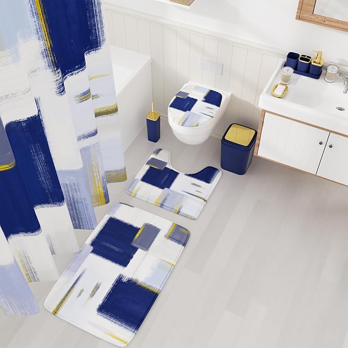 Bathroom Accessories Set - 25PC Bathroom Set with Shower Curtain and Rugs, Blue Bathroom Set, Bathroom Accessory Set with Press-on Lid Trash Can, Soap Dispenser and Qtip Holders