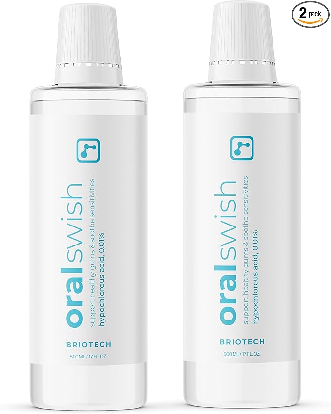 BRIOTECH Oral Swish, Hypochlorous Acid Mouthwash Rinse, Gentle Oral Care Hygiene, Fight Bad Breath, Support Against Plaque, Gum Irritation & Tender Gums, Alcohol & Fluoride Free, 17 fl oz (2 Pack)