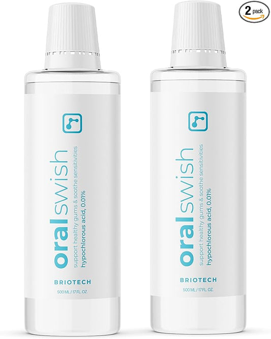 BRIOTECH Oral Swish, Hypochlorous Acid Mouthwash Rinse, Gentle Oral Care Hygiene, Fight Bad Breath, Support Against Plaque, Gum Irritation & Tender Gums, Alcohol & Fluoride Free, 17 fl oz (2 Pack)