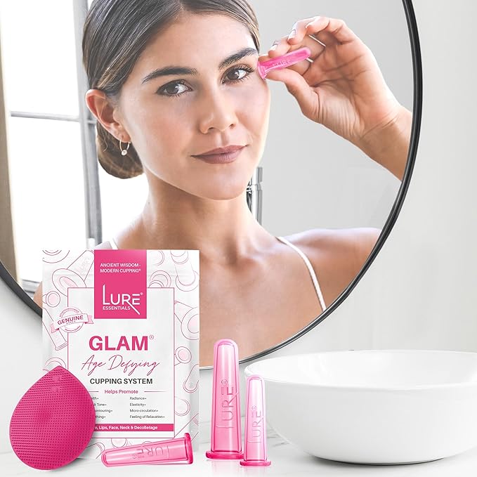 Glam Facial Face Cupping Set - Cupping Therapy Sets Massage Kit with Silicone Cleansing Brush for Instantly Ageless Skin, Works for Fine Lines & Wrinkles, Improves Collagen (Glam - Pink)