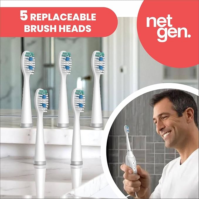 Sonic Electric Toothbrush for Adults with 5 Toothbrush Replacement Heads, 3 Brushing Modes & 2 Minutes Built-in Timer, Travel Toothbrushes with Inductive Charging, Rechargeable toothbrush | White