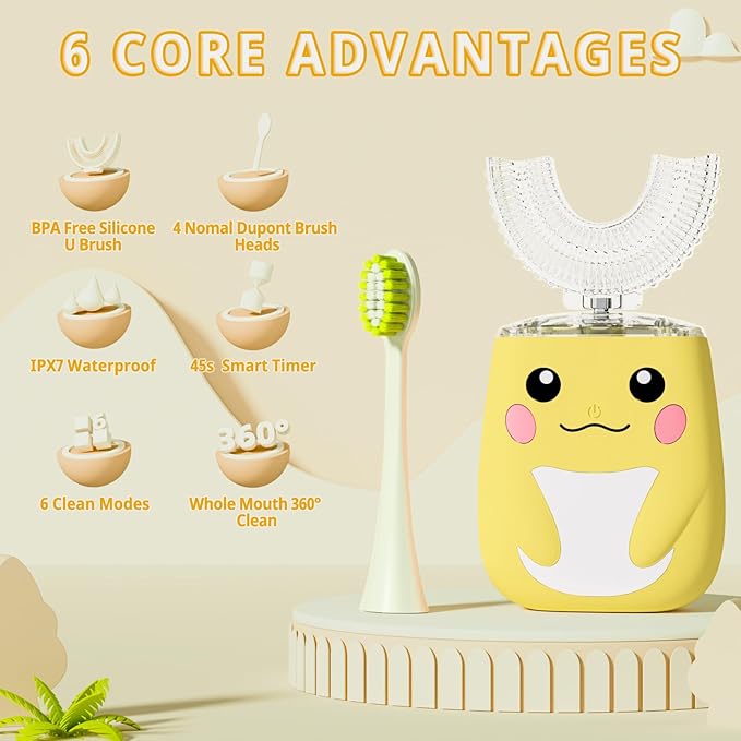 Kids Electric U Shaped Toothbrush Children Rechargeable Sonic Toothbrush with 6 Soft Brush Head Automatic Full Mouth 6 Cleaning Modes -Age8-15 Yellow