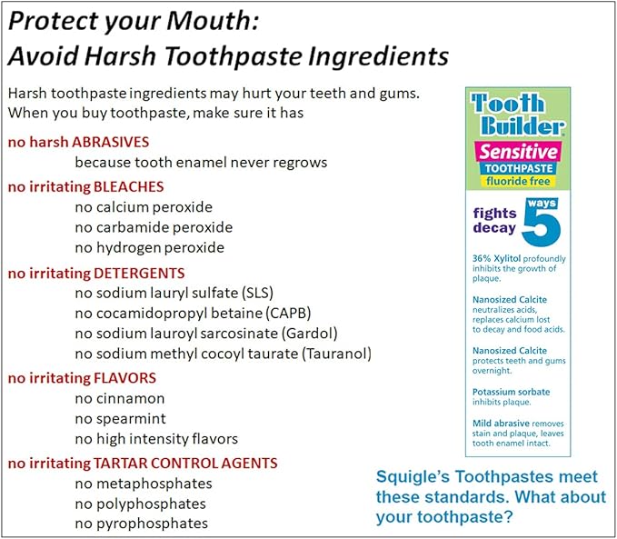 Squigle Tooth Builder SLS Free Toothpaste (Stops Tooth Sensitivity) Prevents Canker Sores, Cavities, Perioral Dermatitis, Bad Breath, Chapped Lips, 4 oz (16 Ounce (Pack of 4), Unflavored)