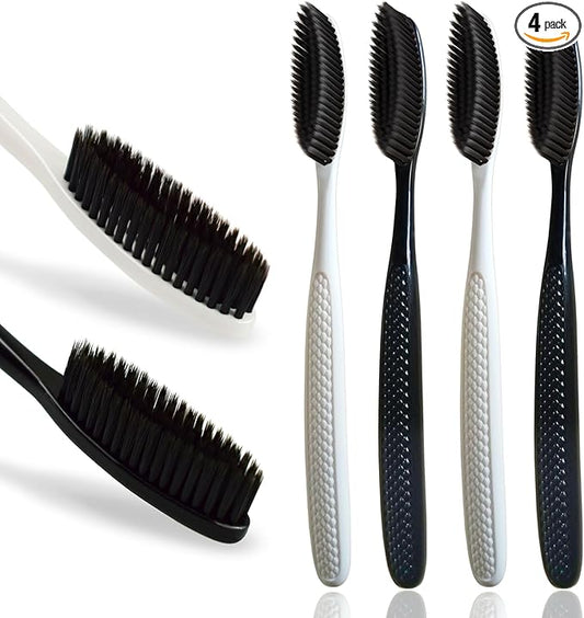 Large Long Head Toothbrush, 4-Pack, Upgraded Hard & Firm Charcoal Bristles, Whitening Teeth, Removing Plaque, Brace, Cigarette, Coffee and Other Stains, Suitable for Daily Oral Care.