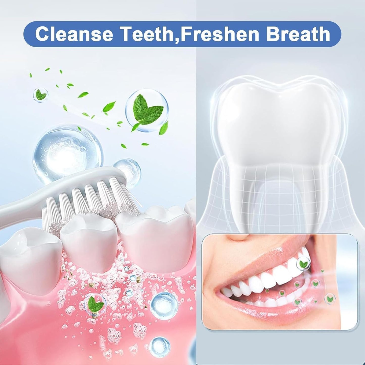 Teeth cleaning product with text 'Cleanse Teeth, Freshen Breath' and images of a toothbrush, toothpaste, and teeth.