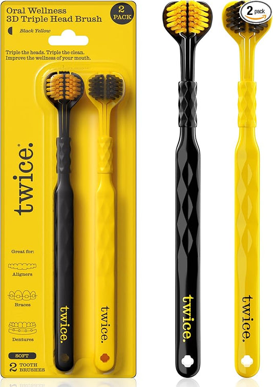 Twice Twice Adult 3D Triple-Head Toothbrush – Ultra-Soft Bristles for Braces, Aligners & Dentures, Advanced 3-Sided Design for Effective Plaque Removal & Complete Oral Care, 2 Count