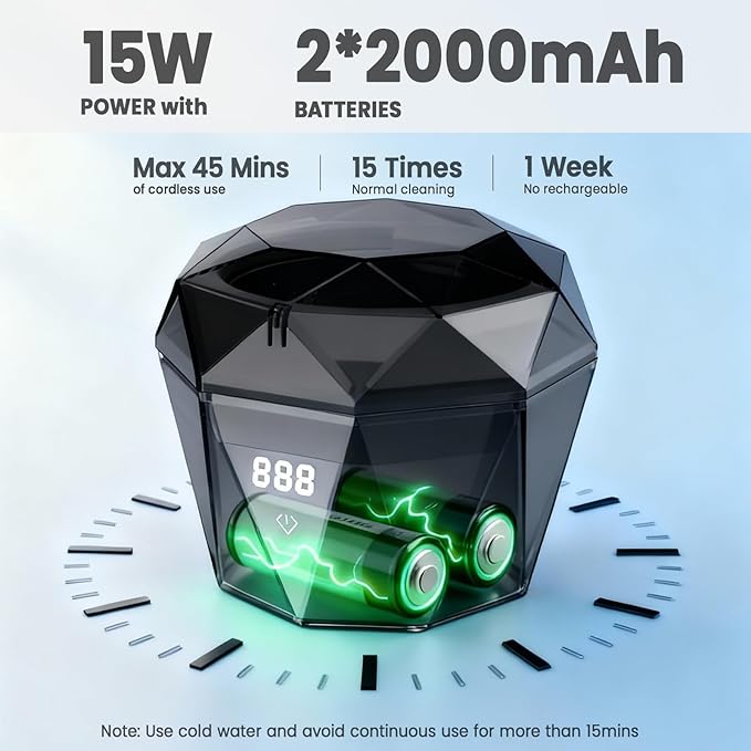 15W Ultrasonic Retainer Cleaner with 2 * 2000mAh Rechargeable Battery, LUMYSPACE 43±5KHz Denture Cleaner Machine, Digital Timer & U-V-C Lights for Braces Night Guard Mouthguard Aligners Jewelry