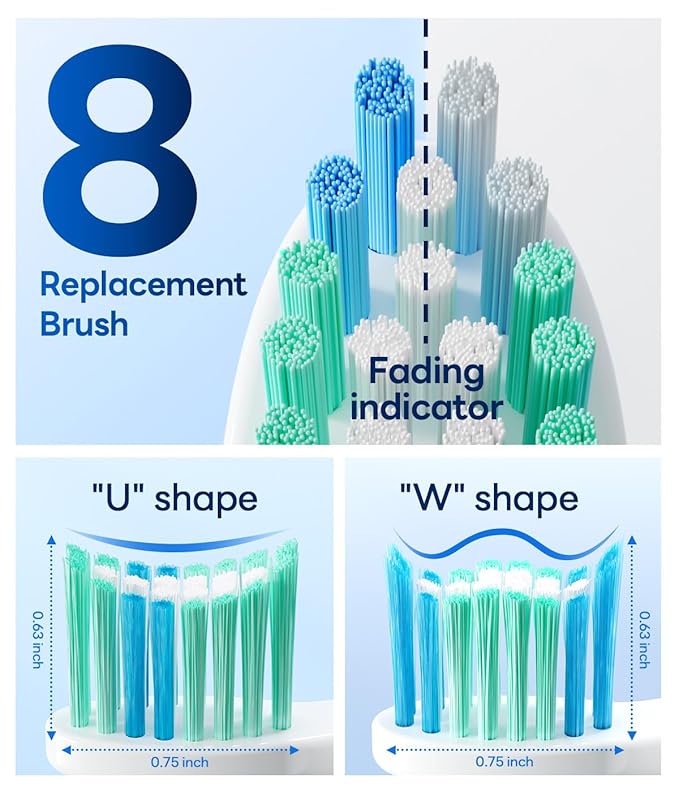 Bymore Electric Toothbrush for Adults,Travel Sonic Toothbrush with 8 Replacement Heads, Ultra Clean RechargeableToothbrush Portable One Charge for 330days 5 Modes 2mins Timer-White